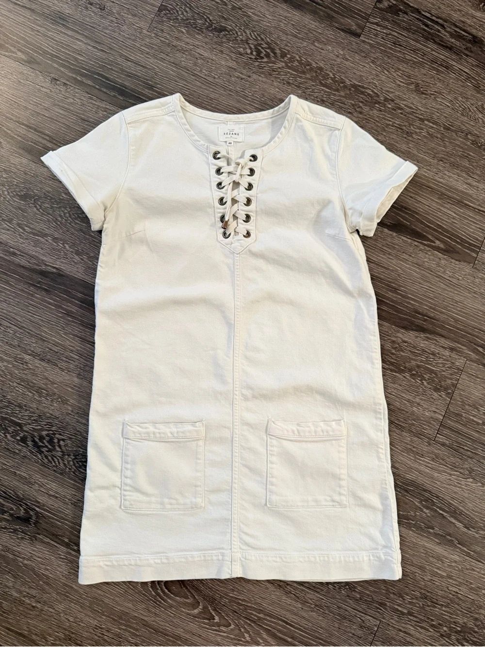 Sézane Off-White Cotton Lace-Up Pocket Dress